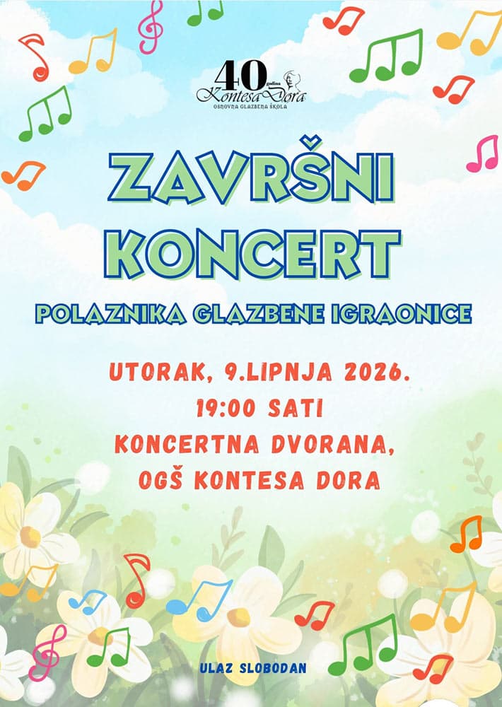 Završni koncert polaznika Glazbene igraonice OGŠ Kontesa Dora održat će se 9. lipnja