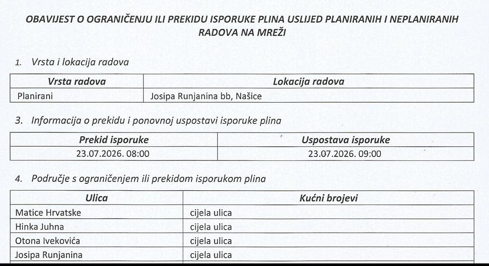 Obavijest o prekidu isporuke plina