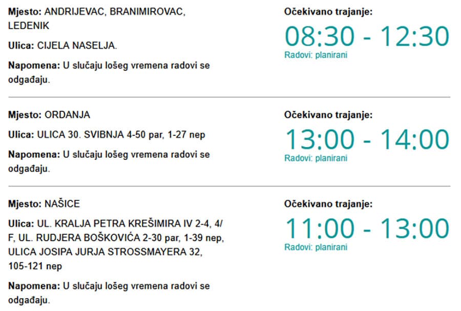 Danas bez struje u Našicama, Ordanji, Andrijevcu, Branimirovcu i Ledeniku