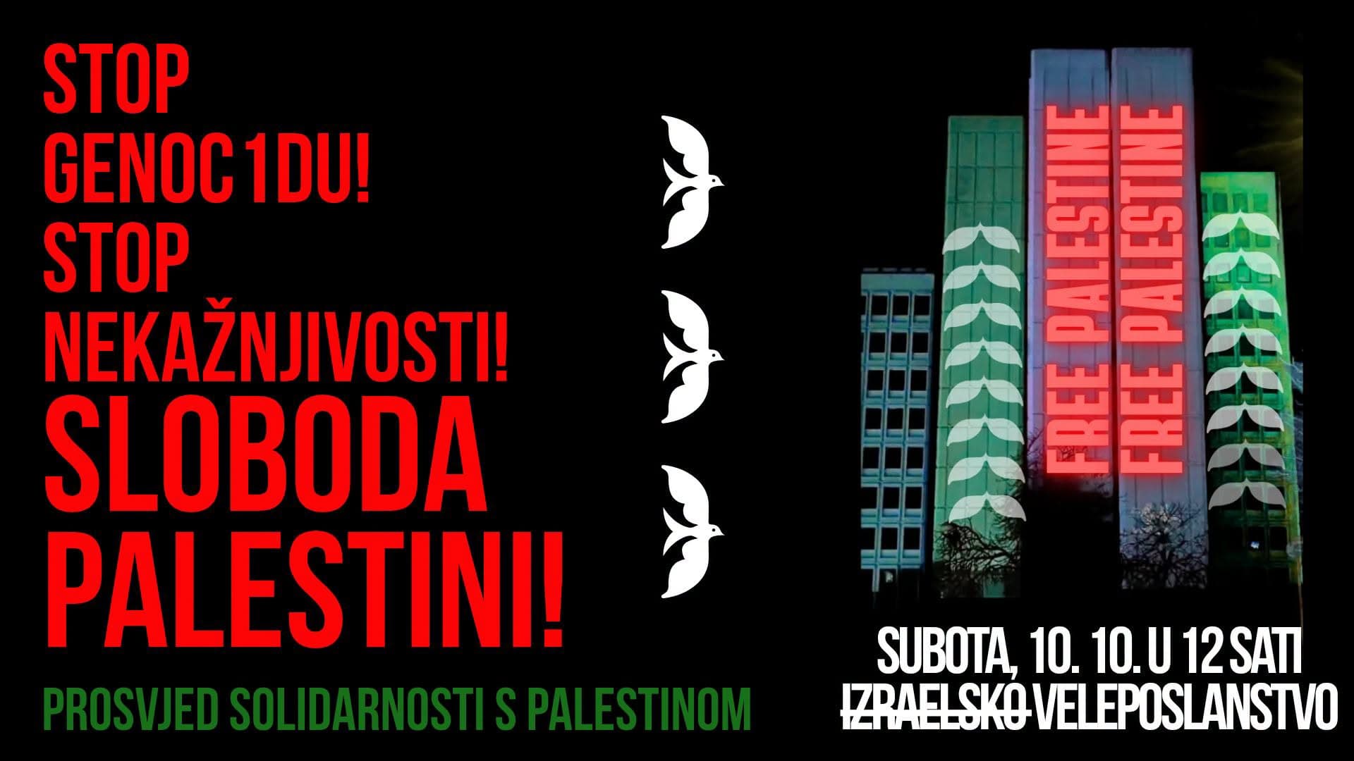 U Zagrebu 10. listopada prosvjed ispred izraelskog veleposlanstva